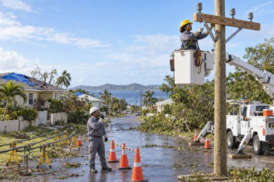 utility technicians connect a mobile substation transformer after urban flooding, restoring temporary electricity service while damaged power infrastructure is repaired