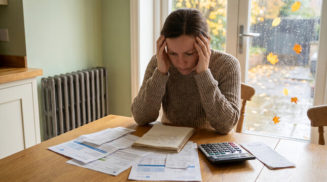 Woman feeling stressed while reviewing heating bills at home  