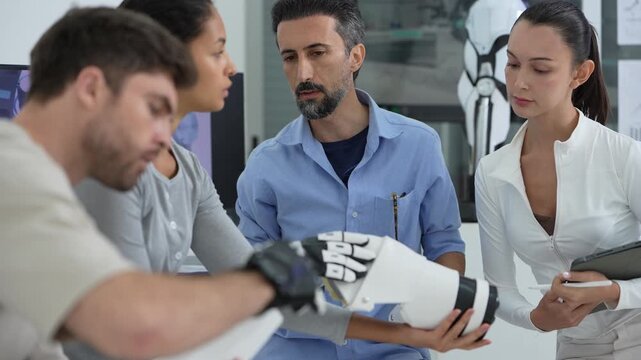 Close up of a robotics team fitting a black robotic glove and forearm onto a volunteer, a scientist adjusting the bionic hand