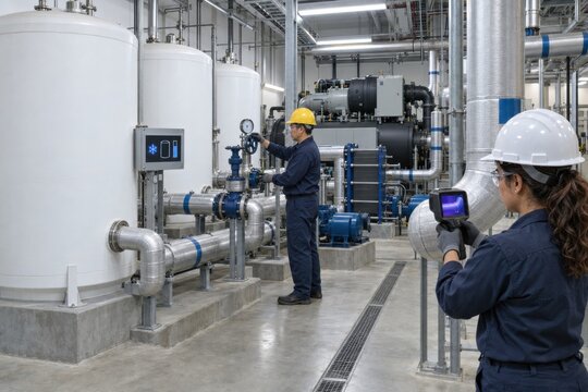 engineers inspect tanks, pumps and insulated piping in a commercial ice storage plant that freezes water overnight to reduce daytime air conditioning demand during summer peak periods