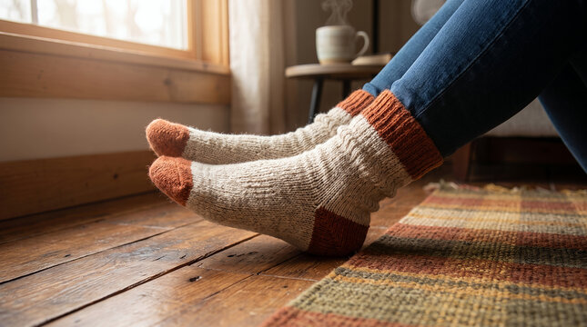 Cozy feet in warm knitted socks resting on a wooden floor indoors  