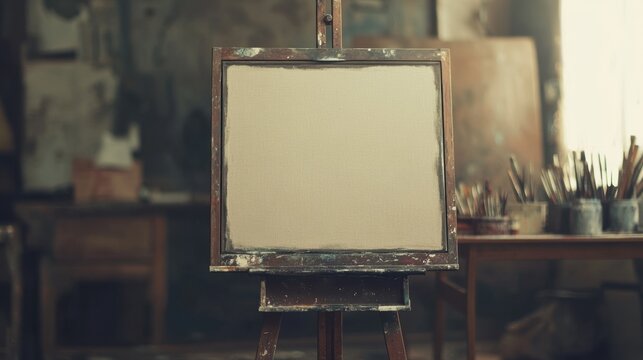 Blank Canvas on Wooden Easel in Artistic Workshop Studio