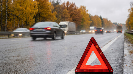Fototapeta premium Warning triangle on wet highway with cars passing in rainy weather 