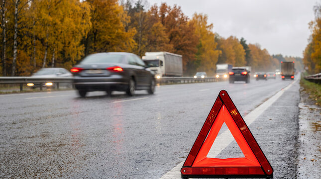 Warning triangle on wet highway with cars passing in rainy weather  