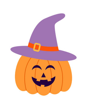 A cute Halloween pumpkin lantern with a smiling carved face wearing a purple witch hat, isolated on a white background. 