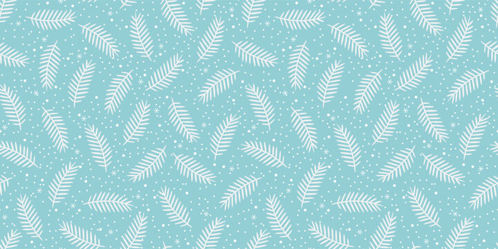 A seamless winter pattern featuring a hand-drawn evergreen fir branch, needles, and elegant snowflakes on a white background.