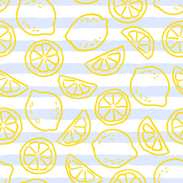 Seamless summer pattern featuring hand-drawn yellow lemons on a light blue striped background. Vector citrus texture for kitchen textile designs, wrapping paper, fabrics, and wallpaper.