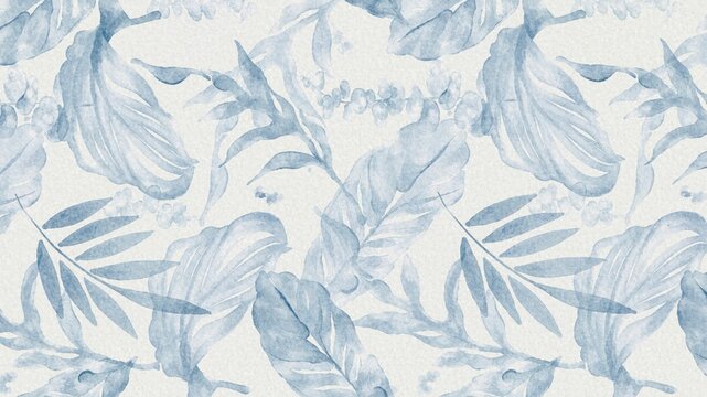 Monochromatic blue tropical leaf pattern, watercolor botanical foliage illustration, palm leaves print design painted on paper textured background for seamless textile wallpaper