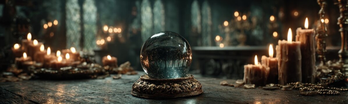 Glass ball sitting on a table with candles fortune teller