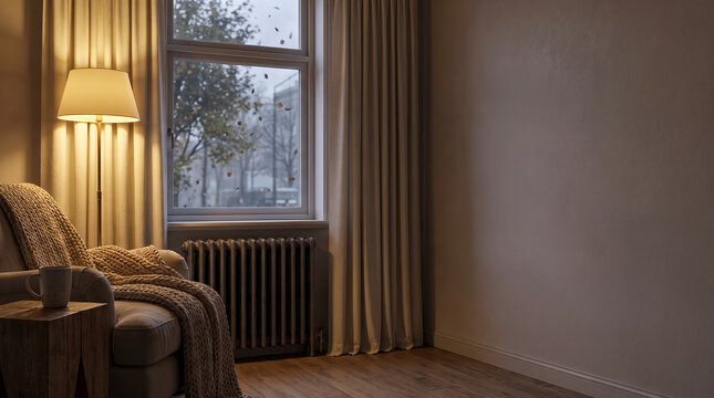 Cozy apartment living room with a warm lamp and window view  