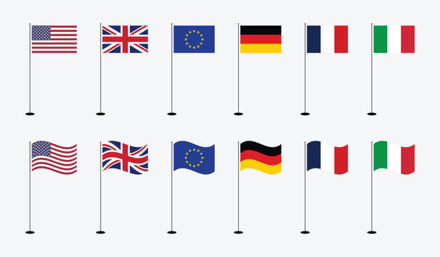 Set of Major Country Flags on Flagpole Stands Featuring USA UK EU Germany France and Italy in Flat and Waving Vector Formats