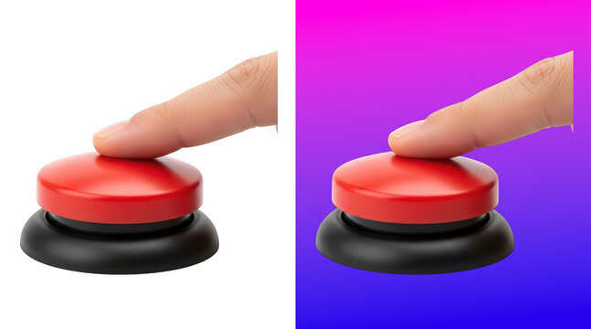 Hand pressing large red button on black base