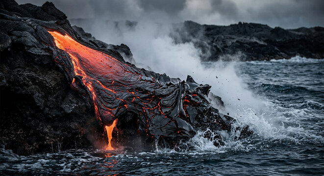 Glowing red molten lava stream solidifying into black obsidian glass in ocean water, volcanic activity nature photography