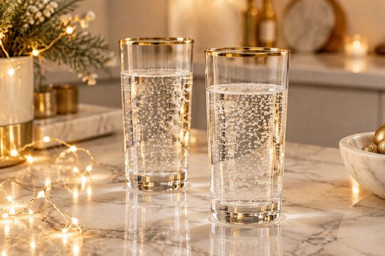 Holiday party table with sparkling drinks and fairy lights on marble counter for festive celebration