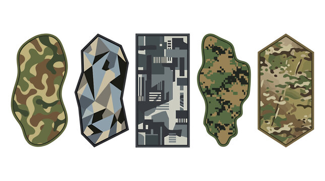 Military camouflage pattern set, tactical camo textures in geometric shapes, vector army design elements