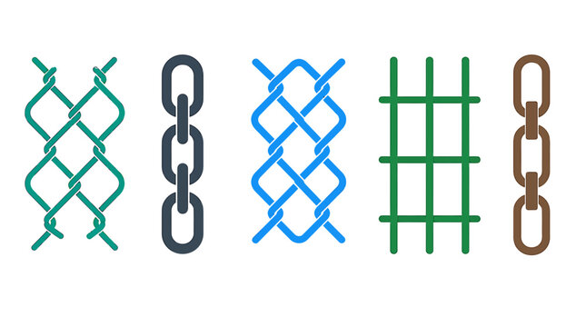 Metal chain link fence and steel chain borders set, industrial wire mesh grid patterns, vector design elements