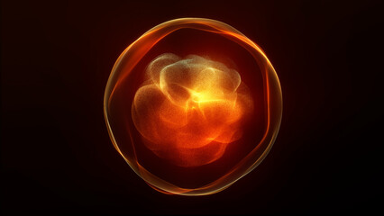 Fototapeta premium Glowing orange sphere with a translucent shell and swirling golden particles around a bright core on a dark background.