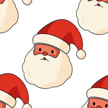 Santa Claus faces seamless pattern on white background. Christmas gift wrap, stickers, social media posts, and holiday packaging.