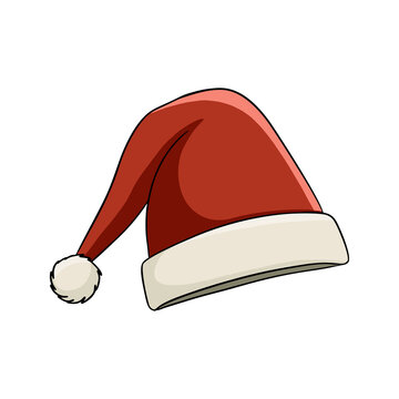 Red Santa Claus hat with white fur trim and pompom isolated on white background. Christmas greeting cards, wrapping paper designs, stickers, social media posts and festive seasonal designs.