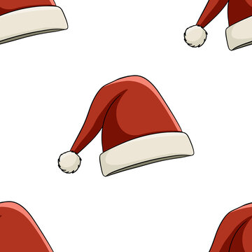 Seamless pattern of red Santa Claus hats on white background. Christmas wrapping paper, holiday wallpaper, textile prints, packaging and winter seasonal design templates.