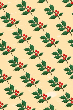 Seamless pattern of holly branches with red berries on cream background. Christmas wrapping paper, holiday wallpaper, social media posts, textile prints and winter seasonal designs.