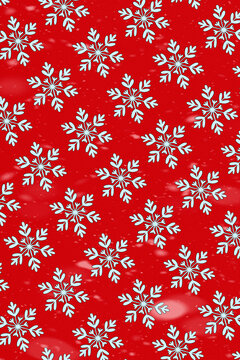 Seamless pattern of white snowflakes on red background with falling snow. Christmas wrapping paper, holiday wallpaper, social media posts, textile prints and winter seasonal designs.