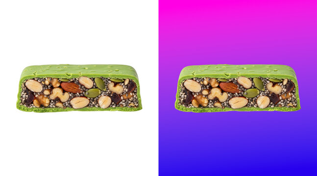 Healthy green nut and seed energy bar cut in half