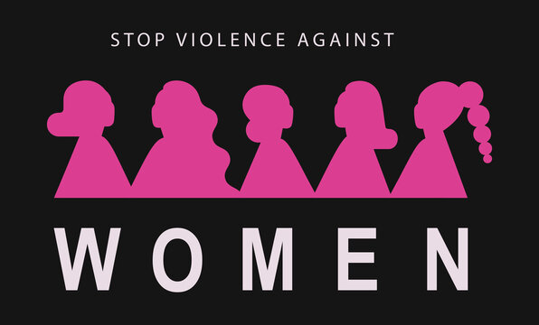 stop violence against women banner with pink female silhouettes on dark background with white text. Sisterhood and community support for girls. Vector illustration