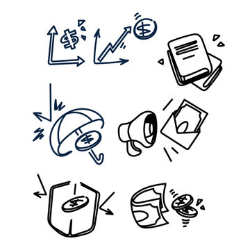 Collection of handdrawn doodle icons for finance, business, and investment concepts. Includes line art vector illustrations of financial protection umbrella, shield, money envelope, wallet, rising gra