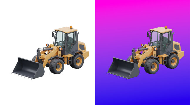 Heavy construction wheel loader with bucket attachment 3D rendering