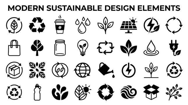 Minimalist black and white vector icon set focusing on sustainability, eco friendly energy, and environmental conservation symbols