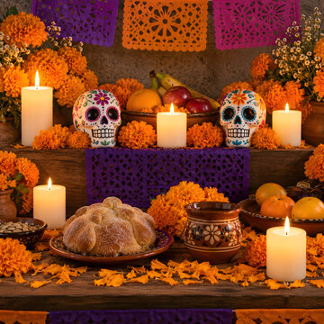 Traditional Day of the Dead ofrenda with marigolds and candles