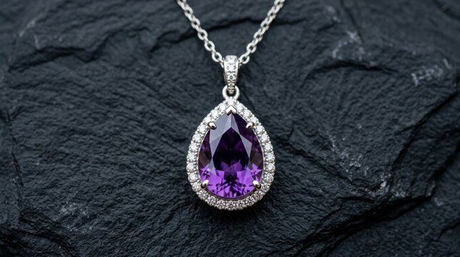 Elegant Pear-Shaped Amethyst Pendant Necklace with Diamonds on Black Stone