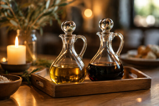A pair of glass cruets on a wooden tray reflecting warm candlelight.