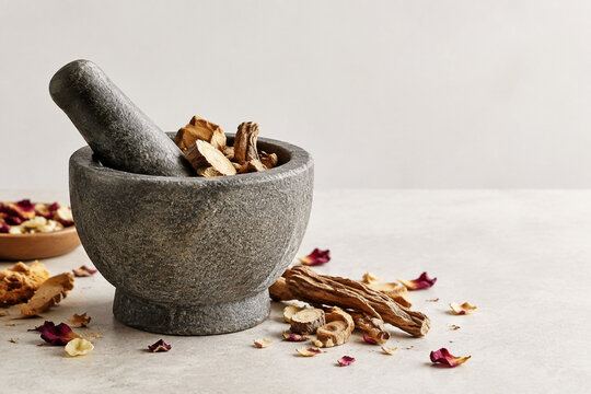Stone mortar and pestle with dried mandrake roots and petals, herbal apothecary still life