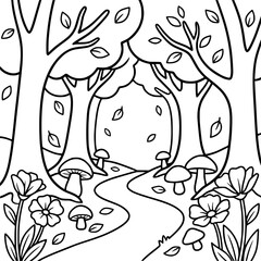 Fototapeta premium Autumn forest path with mushrooms and flowers line art transparent background