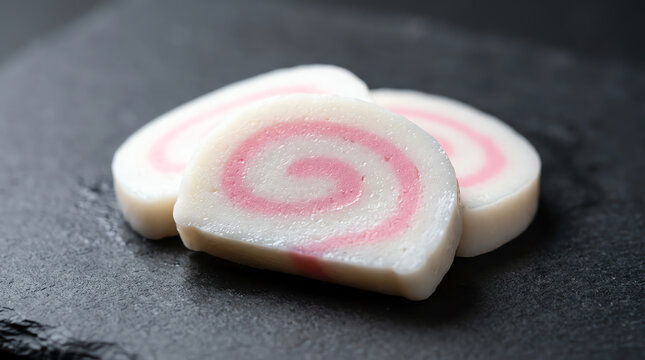 Japanese Kamaboko Swirls, Pink and White Fish Cake Slices on Dark Slate