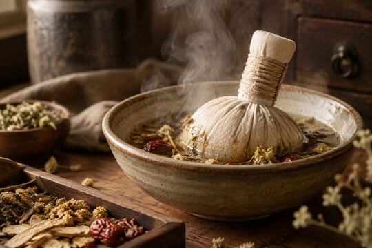 Steaming herbal compress in a traditional ceramic bowl with visible medicinal plants, warm earthy tones.