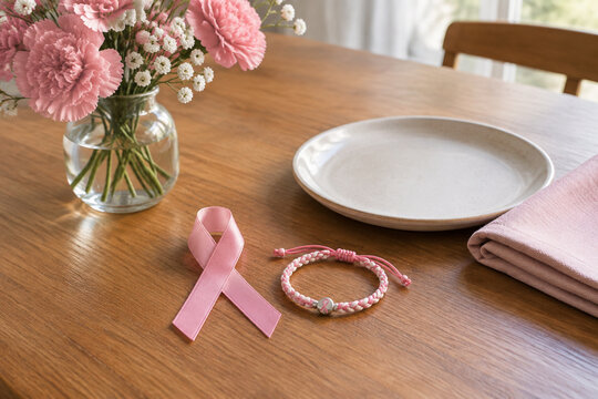 Pink ribbon and awareness bracelet on dining table with flowers, support and care concept