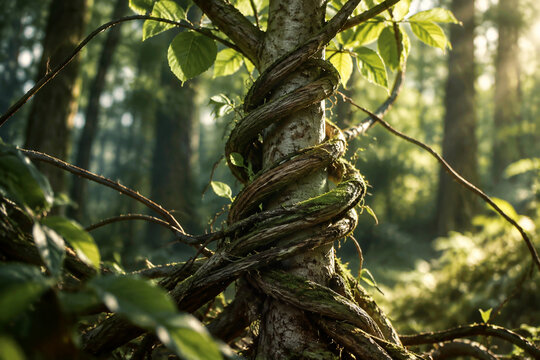 Twisting vines tightly wrapped around a young tree trunk, a natural struggle for dominance.