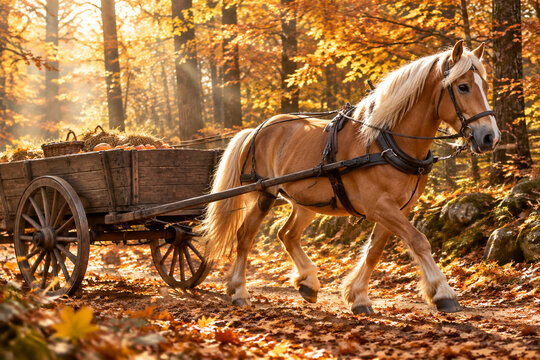 Haflinger horse pulling a rustic wooden cart on an autumn forest path.