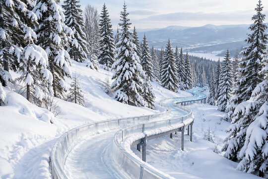 Clear toboggan track winding down a snowy forest slope.