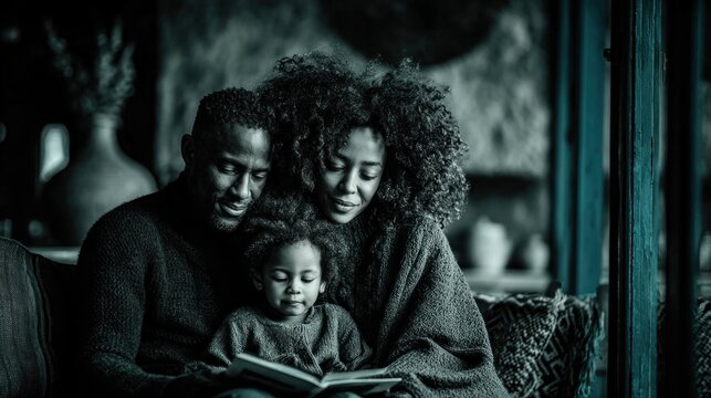 Family reading a book together on a couch