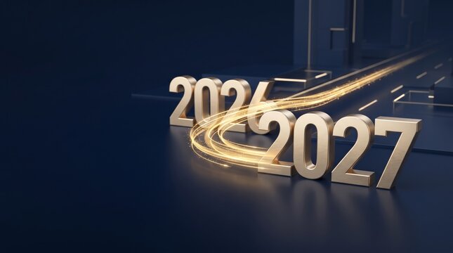 Golden 3D numerals showing transition from year 2026 to 2027