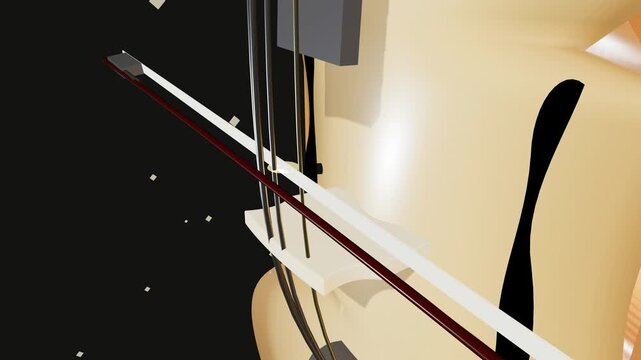 3D animation showing the physics of violin resonance with a transparent view revealing the soundpost as the bow plays strings creating visual acoustic sound waves and vibrations through the instrumen