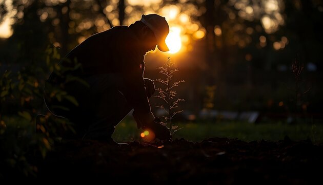 Gardener Planting Young Tree at Sunset in Forest