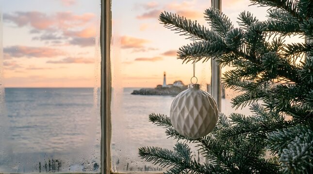 Christmas ornament hanging on a frosted pine tree branch overlooking a serene ocean view with a lighthouse at sunset