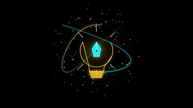 Neon lightbulb icon with a fountain pen nib inside rotating against a dark digital background