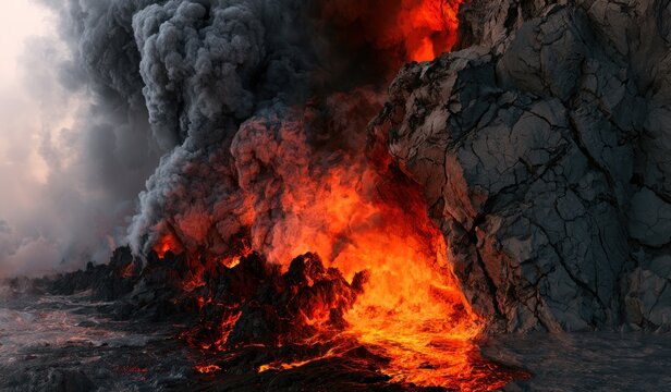 Fiery volcanic eruption with dramatic smoke and molten rock flowing