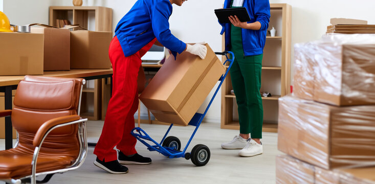  two professional movers are preparing boxes for a move.